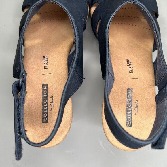 Clarks Sandals Women's Size 8.5 Blue Leather Cork Wedge‎ Platform Adjustable - Picture 10 of 14